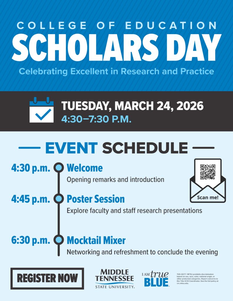 College of Education Scholars Day Flyer with date Tuesday, March 24 at 4:30pm. 